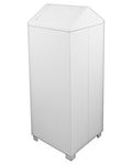 The Swing Top Lid White Metal waste can holds 24 gallon and is 14.125 inches Square  X  36.25 inches high.