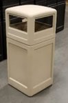 Trash Can 42 Gallon Workers Choice Poly  with side open waste entry hooded top 18.5 inched square Beige