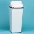 Swing top receptacle swing lid top fits securely on the base  21 Gallon. Lid lifts off easily for trash removal