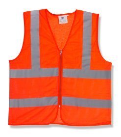 Safety vest class II orange  ex large  1 pocket inside  zipper closure  2 horizontal silver reflective stripes