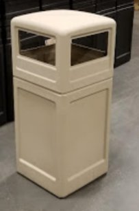 Trash Can 42 Gallon Workers Choice Poly  with side open waste entry hooded top 18.5 inched square Beige