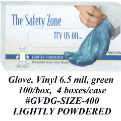 Gloves  Heavy Duty Vinyl  Green color  6.5 mil  Medium Size  Lightly Powdered  100 per box
