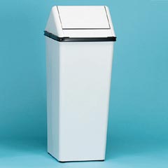 Swing top receptacle swing lid top fits securely on the base  21 Gallon. Lid lifts off easily for trash removal