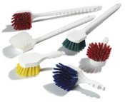 COLOR CODED LONG HANDLE UTILITY BRUSH With a Polypropylene Block and with Polyester Bristles.   20 inches long